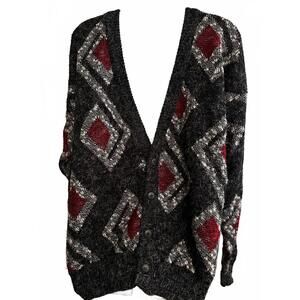 Vintage XSTATX USA Black Geo Knit Cardigan XXL